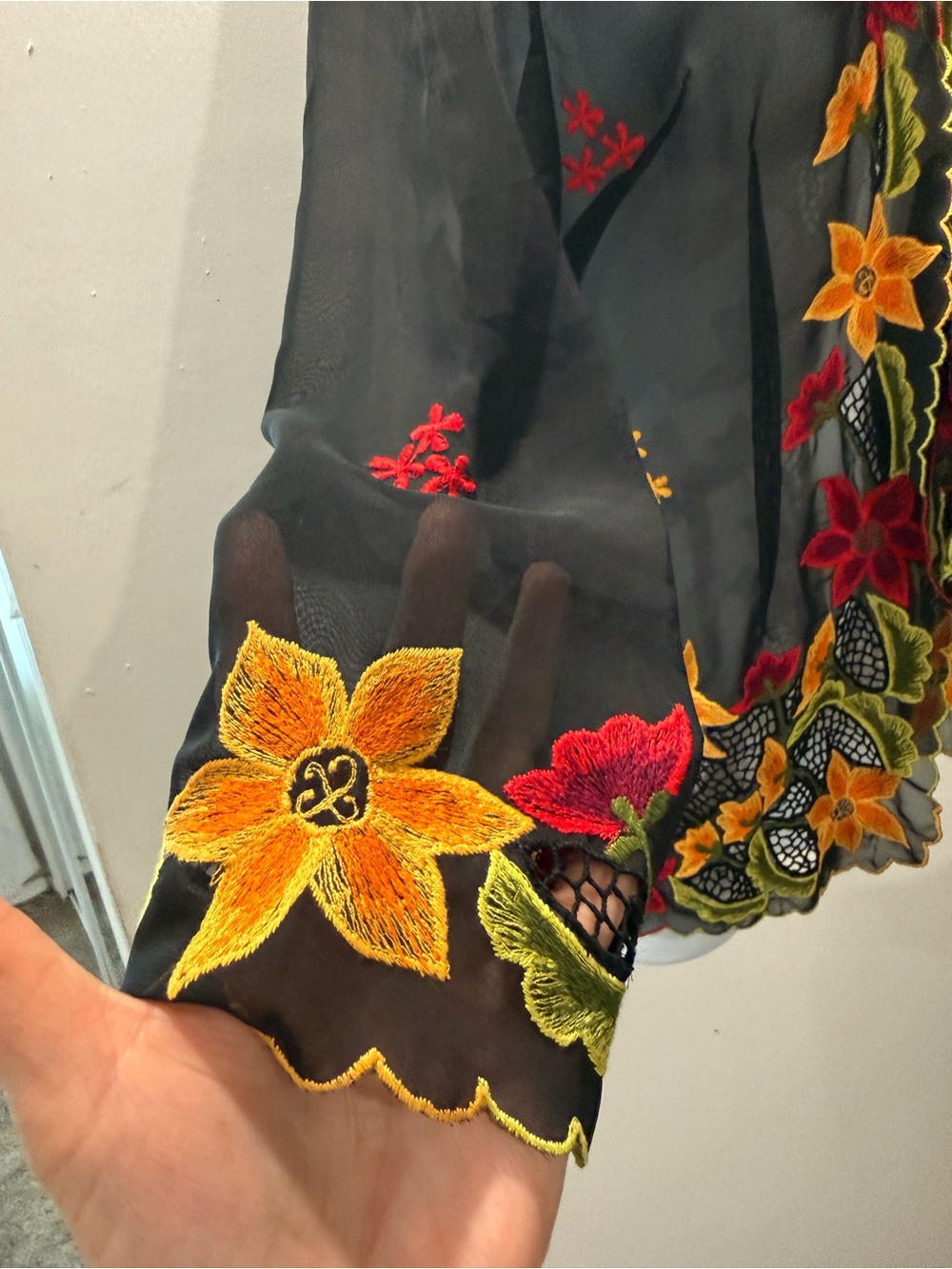 Embroidered Black Floral Sheer Jacket - Red & Yellow - Picture 3 of 4